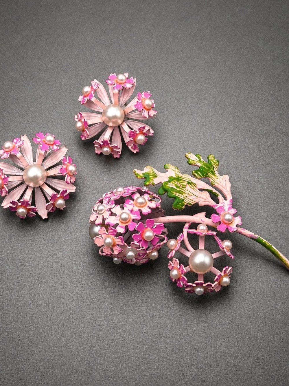 Pink Pearl Floral Brooch and Earring Set - Vintage Enamel #109set